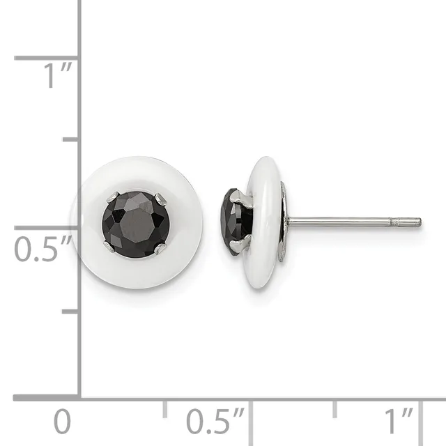 Pair of stud earrings with round white ceramic or stone bezels set with black faceted gemstones, shown front and side view with measurement scale.
