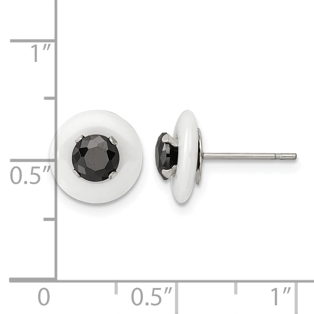 Pair of stud earrings with round white ceramic or stone bezels set with black faceted gemstones, shown front and side view with measurement scale.