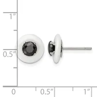 Pair of stud earrings with round white ceramic or stone bezels set with black faceted gemstones, shown front and side view with measurement scale.