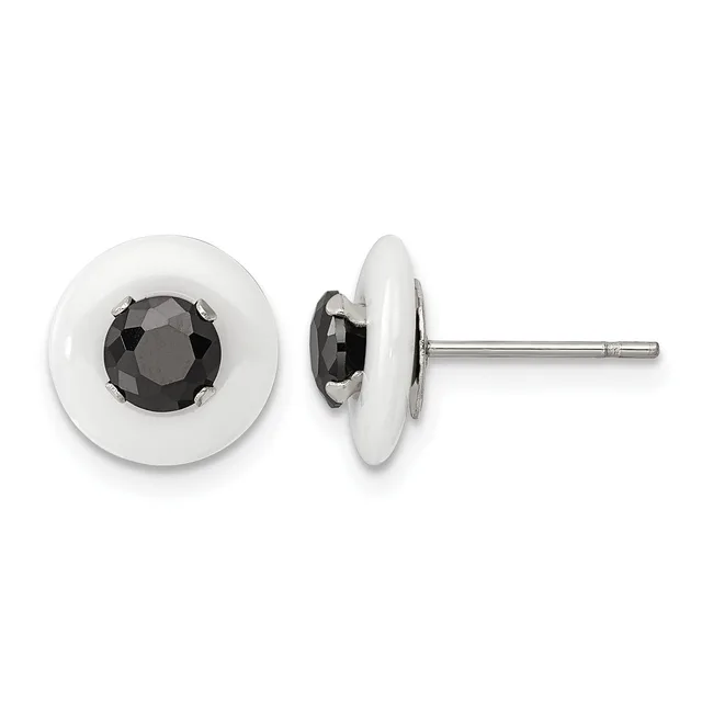Pair of round stud earrings with white ceramic or porcelain bezels holding faceted black gemstones, shown from front and side views on a metal post.