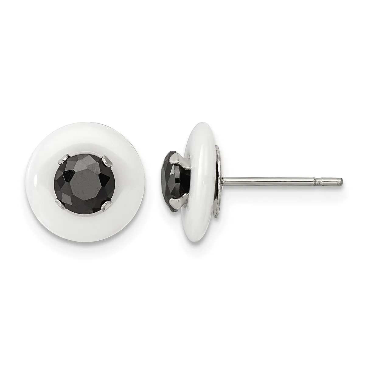 Pair of round stud earrings with white ceramic or porcelain bezels holding faceted black gemstones, shown from front and side views on a metal post.