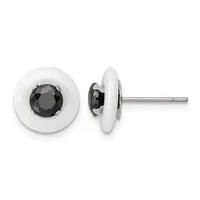 Pair of round stud earrings with white ceramic or porcelain bezels holding faceted black gemstones, shown from front and side views on a metal post.