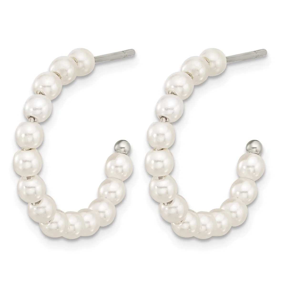 A pair of silver hoop earrings with white pearl beads strung along the curved wire, shown from the front.