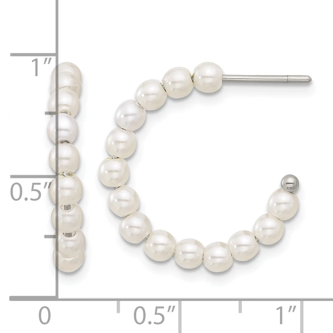 Pearl stud and hoop earrings displayed next to a measurement ruler showing approximately one inch in length.
