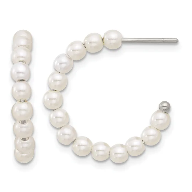 Pair of white pearl hoop earrings with stainless steel posts, displayed on a white background.