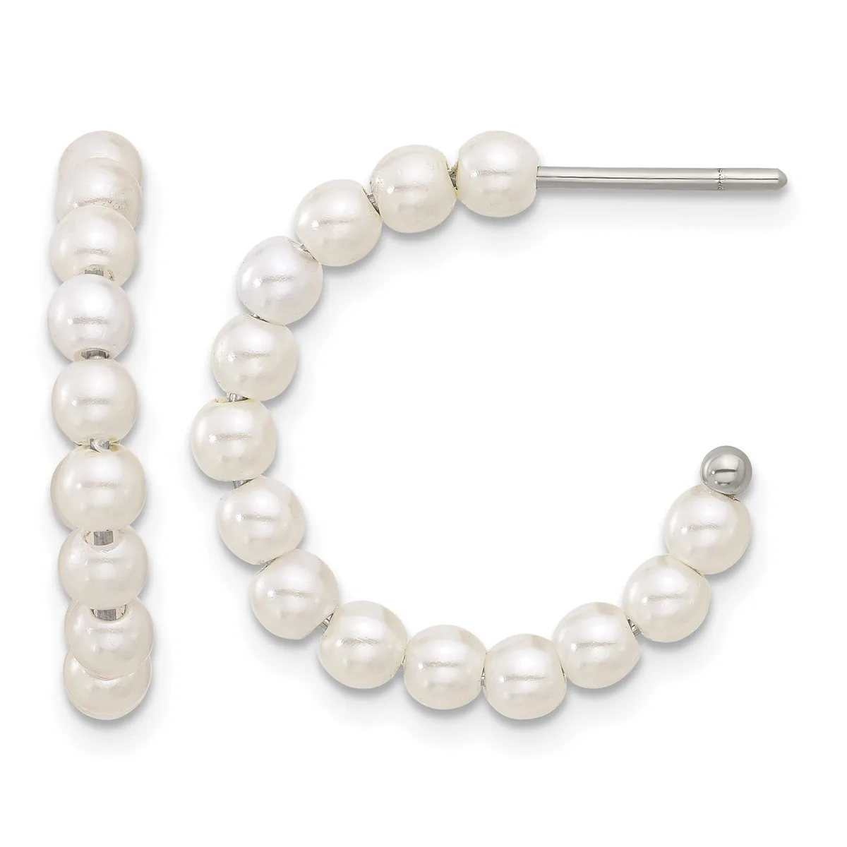 Pair of white pearl hoop earrings with stainless steel posts, displayed on a white background.