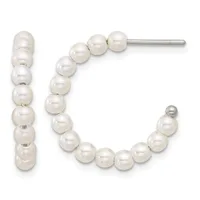 Pair of white pearl hoop earrings with stainless steel posts, displayed on a white background.