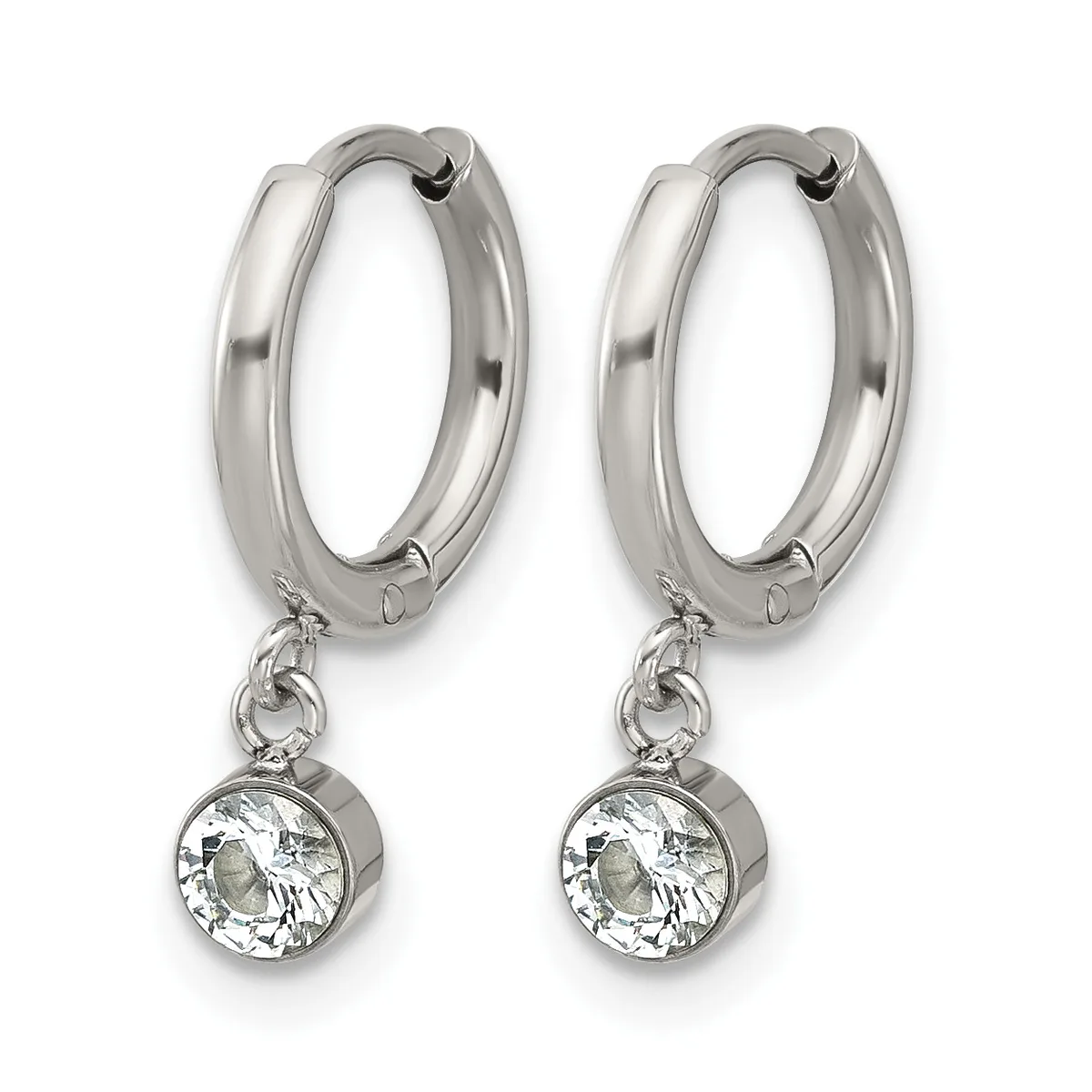 A pair of silver-toned hoop earrings with small round crystal pendants hanging from hinged closures.