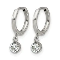 A pair of silver-toned hoop earrings with small round crystal pendants hanging from hinged closures.