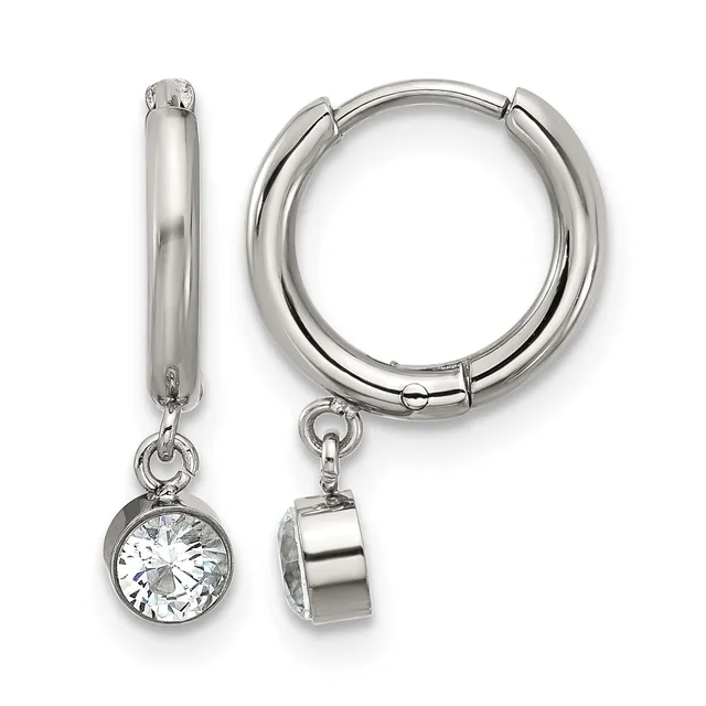 Pair of silver-toned hoop earrings with detachable charms, one featuring a round cubic zirconia stone and the other a polished cylindrical drop, shown from front and side views.