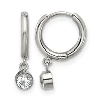 Pair of silver-toned hoop earrings with detachable charms, one featuring a round cubic zirconia stone and the other a polished cylindrical drop, shown from front and side views.