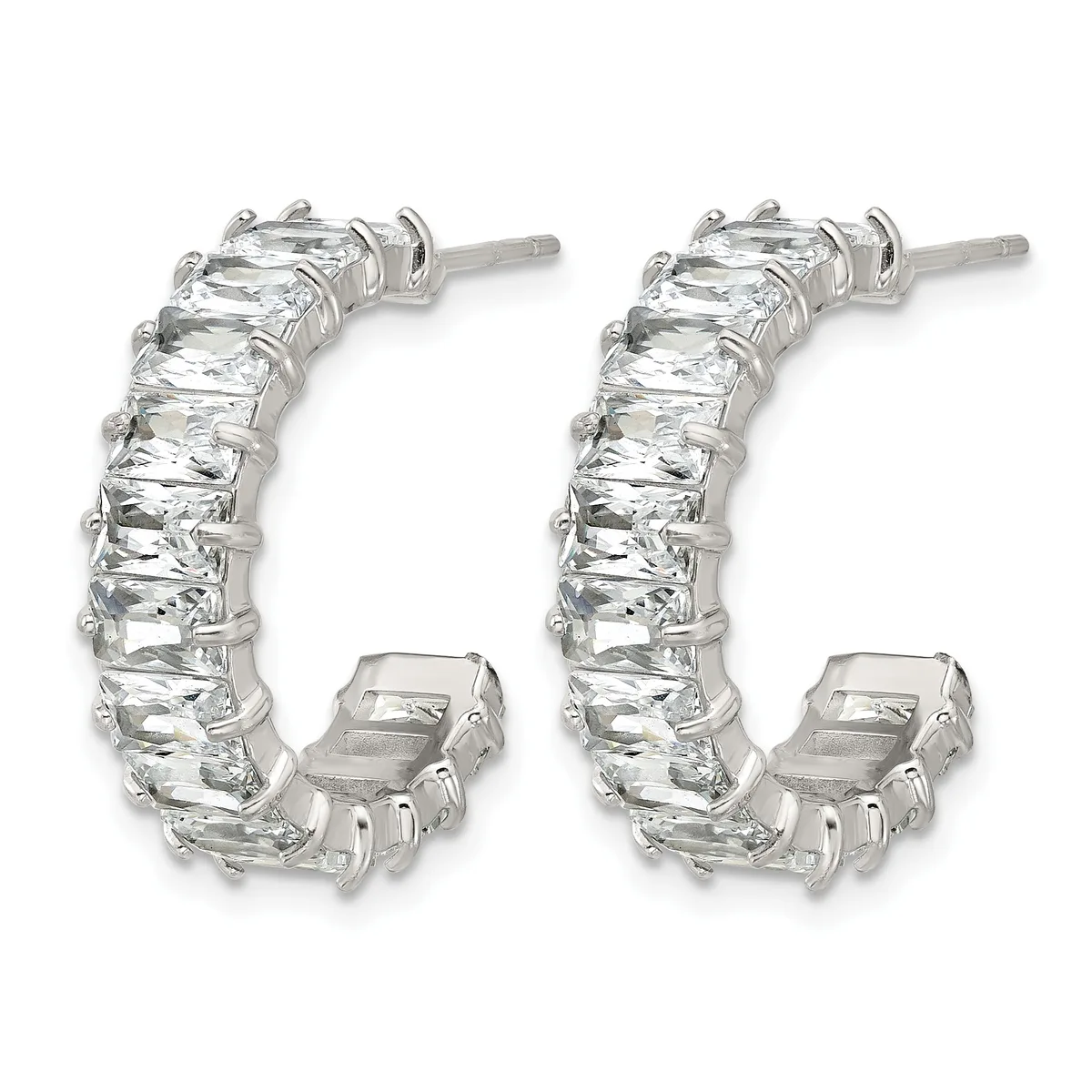 A pair of silver-toned hoop earrings with rectangular cubic zirconia stones set around the curved surface, shown from the front.