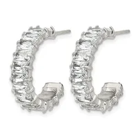 A pair of silver-toned hoop earrings with rectangular cubic zirconia stones set around the curved surface, shown from the front.