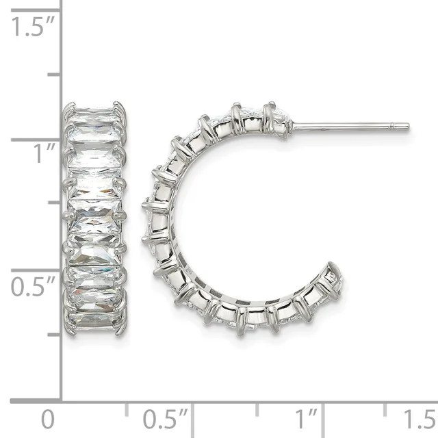 A pair of silver hoop earrings set with rectangular clear crystals arranged in a curved pattern, shown with a measurement scale indicating they are approximately one inch tall.