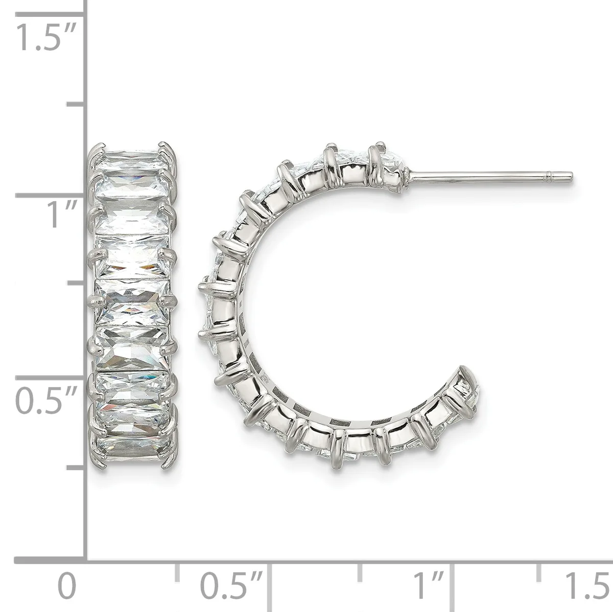 A pair of silver hoop earrings set with rectangular clear crystals arranged in a curved pattern, shown with a measurement scale indicating they are approximately one inch tall.