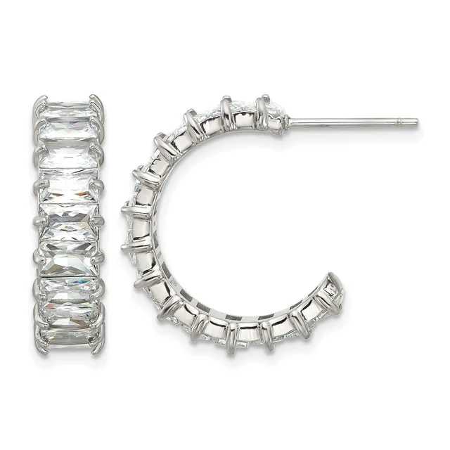 A pair of silver hoop earrings set with rectangular clear crystals arranged in a line around the curved surface, shown from front and side views.