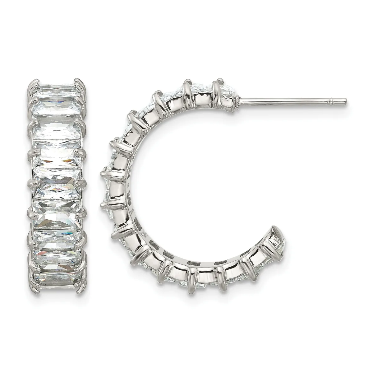 A pair of silver hoop earrings set with rectangular clear crystals arranged in a line around the curved surface, shown from front and side views.