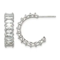 A pair of silver hoop earrings set with rectangular clear crystals arranged in a line around the curved surface, shown from front and side views.