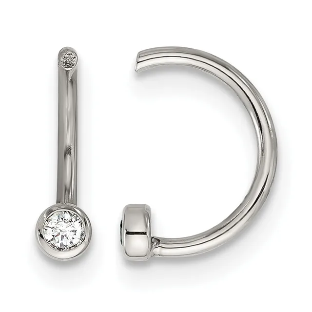 A pair of silver hoop earrings with round diamond solitaire drops, shown from front and side views.