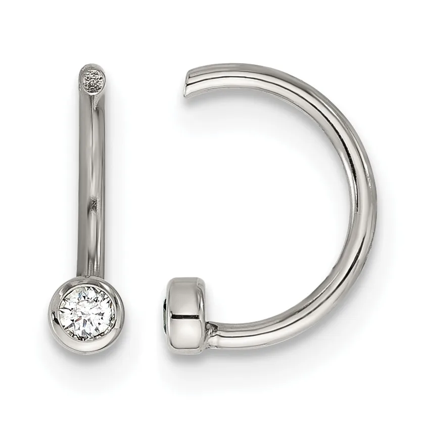 A pair of silver hoop earrings with round diamond solitaire drops, shown from front and side views.
