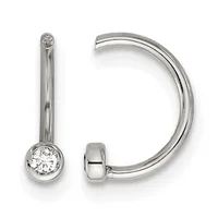 A pair of silver hoop earrings with round diamond solitaire drops, shown from front and side views.