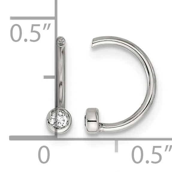 Sterling silver hoop earrings with round cubic zirconia stone drops, shown with measurement scale indicating 0.5 inches in diameter.
