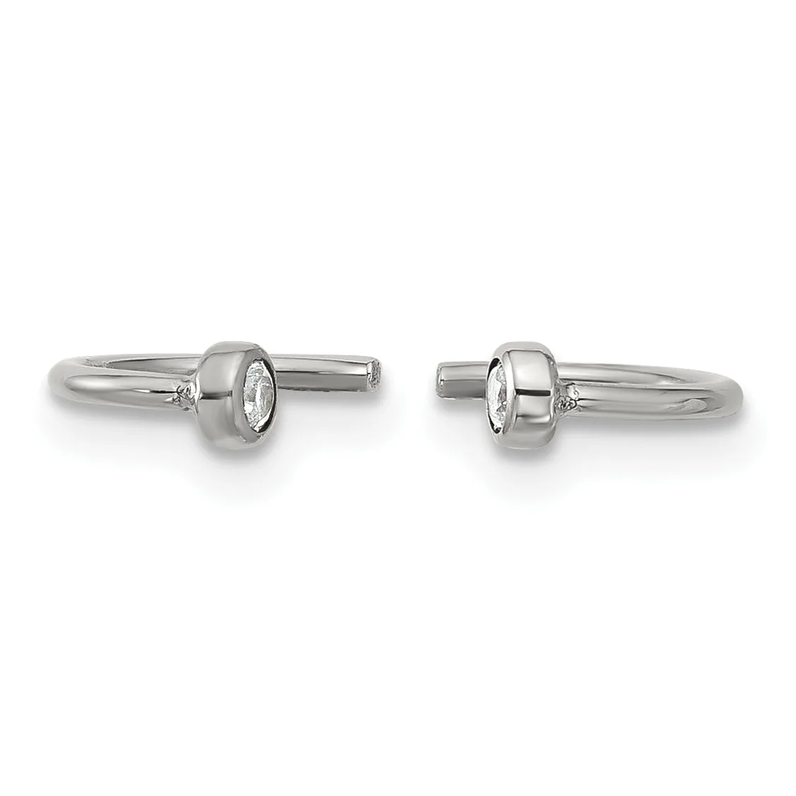 Pair of silver cufflinks with oval-shaped crystal or diamond centers set in cylindrical bezels, shown from front and back views.