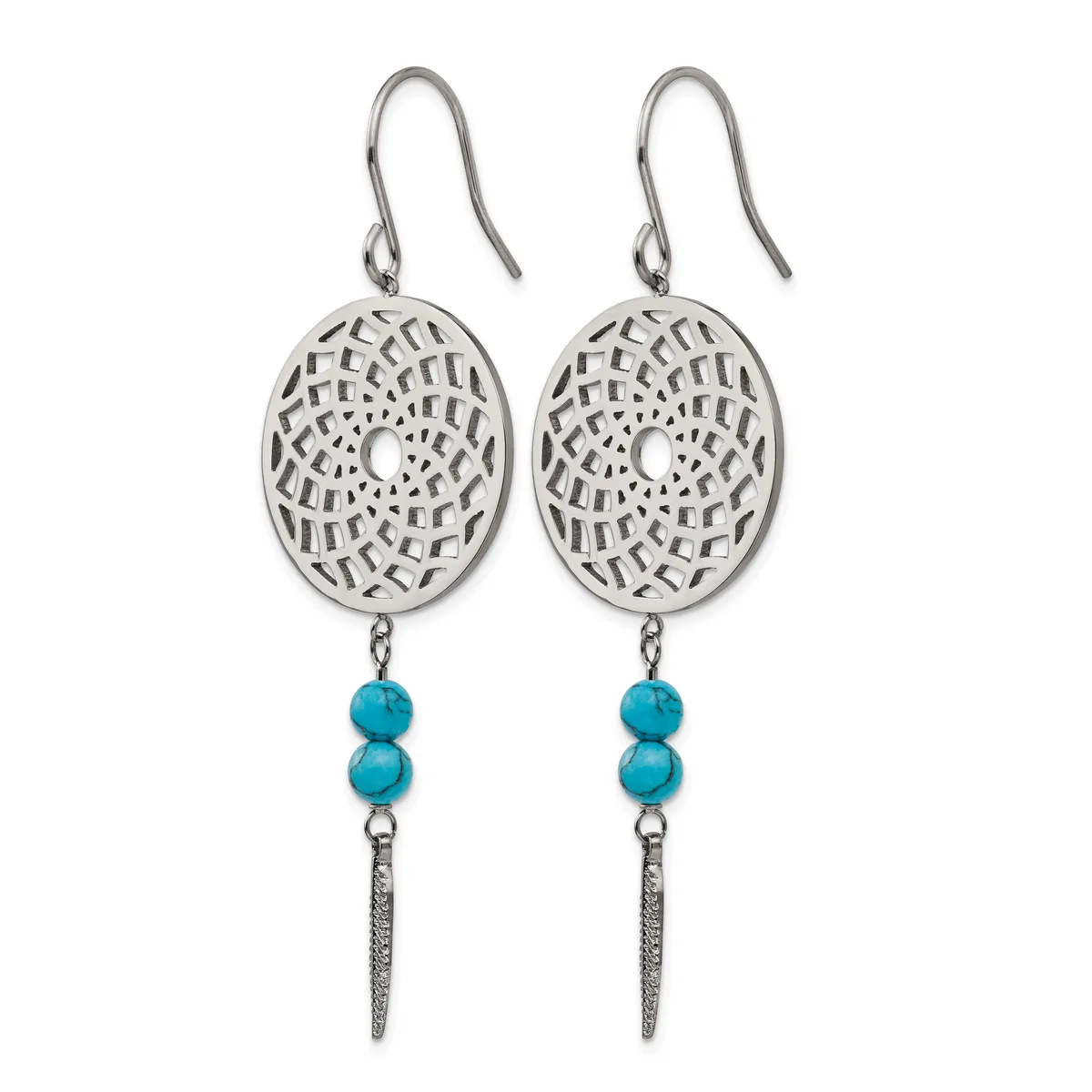 A pair of silver dangle earrings with oval filigree pendants, turquoise beads, and tapered silver cone charms hanging from shepherd's hook wires.