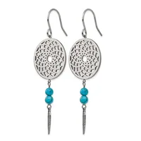 A pair of silver dangle earrings with oval filigree pendants, turquoise beads, and tapered silver cone charms hanging from shepherd's hook wires.
