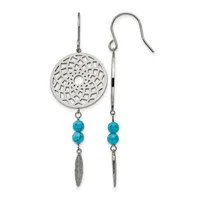 A pair of silver dangle earrings with circular filigree disc tops, turquoise beads, and small feather charms hanging from French hook wires.