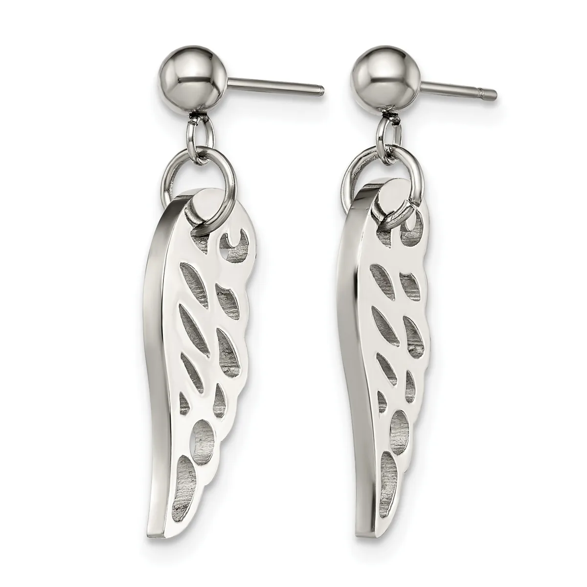 Pair of stainless steel drop earrings with ball posts featuring elongated leaf-shaped pendants with cutout leaf pattern details.