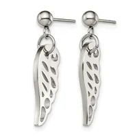 Pair of stainless steel drop earrings with ball posts featuring elongated leaf-shaped pendants with cutout leaf pattern details.
