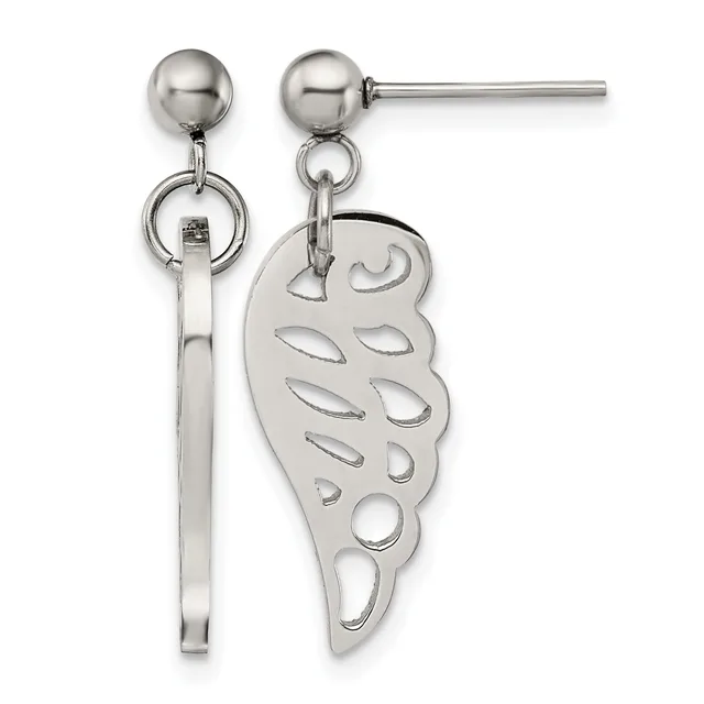 Pair of stainless steel drop earrings with ball studs, featuring a decorative wing-shaped charm with cutout details and a bar connector.