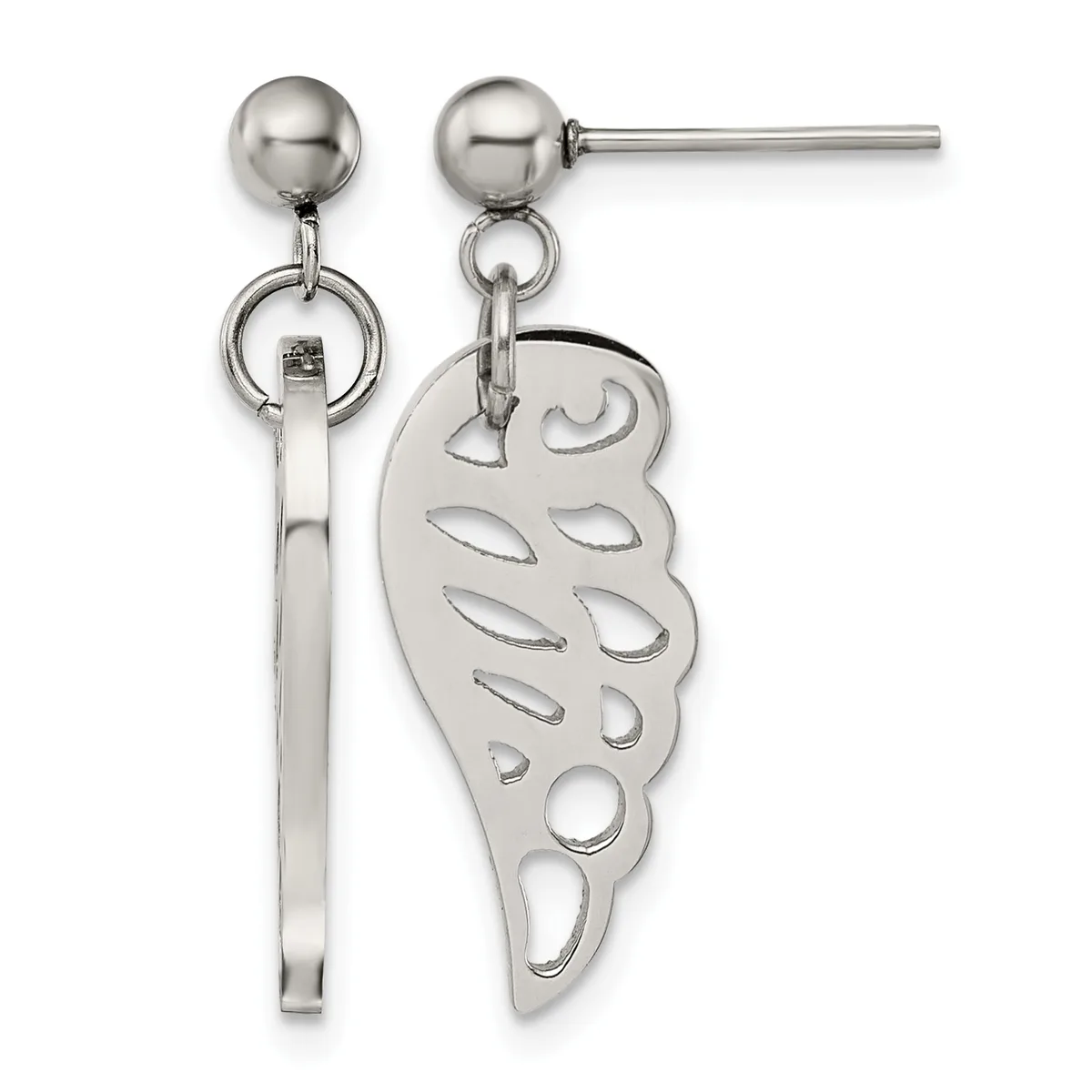 Pair of stainless steel drop earrings with ball studs, featuring a decorative wing-shaped charm with cutout details and a bar connector.