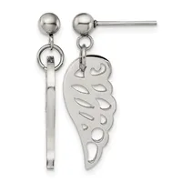 Pair of stainless steel drop earrings with ball studs, featuring a decorative wing-shaped charm with cutout details and a bar connector.