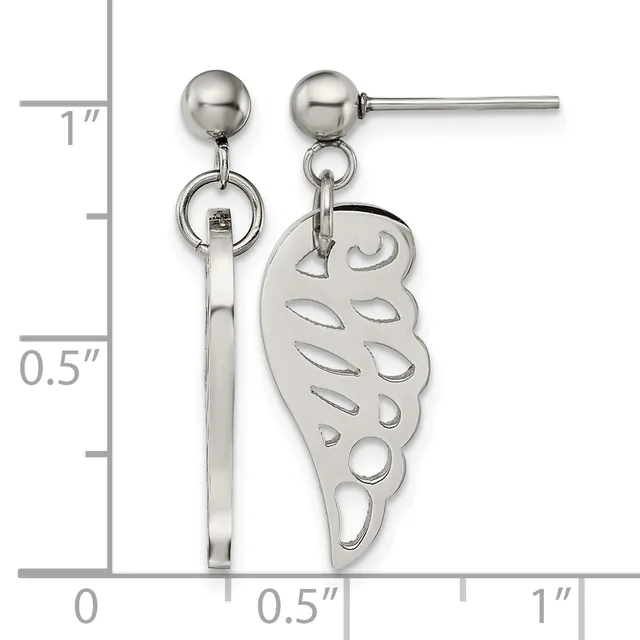 Pair of silver-toned dangle earrings with ball studs, featuring a rectangular bar connector on one side and an ornate wing-shaped charm on the other, displayed against a measurement scale.
