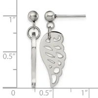 Pair of silver-toned dangle earrings with ball studs, featuring a rectangular bar connector on one side and an ornate wing-shaped charm on the other, displayed against a measurement scale.
