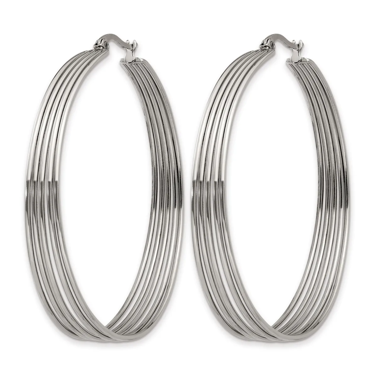 A pair of large silver-toned hoop earrings with ribbed texture and hinged closures, displayed side by side against a white background.