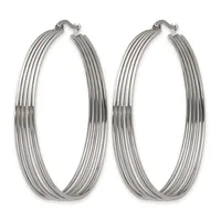 A pair of large silver-toned hoop earrings with ribbed texture and hinged closures, displayed side by side against a white background.