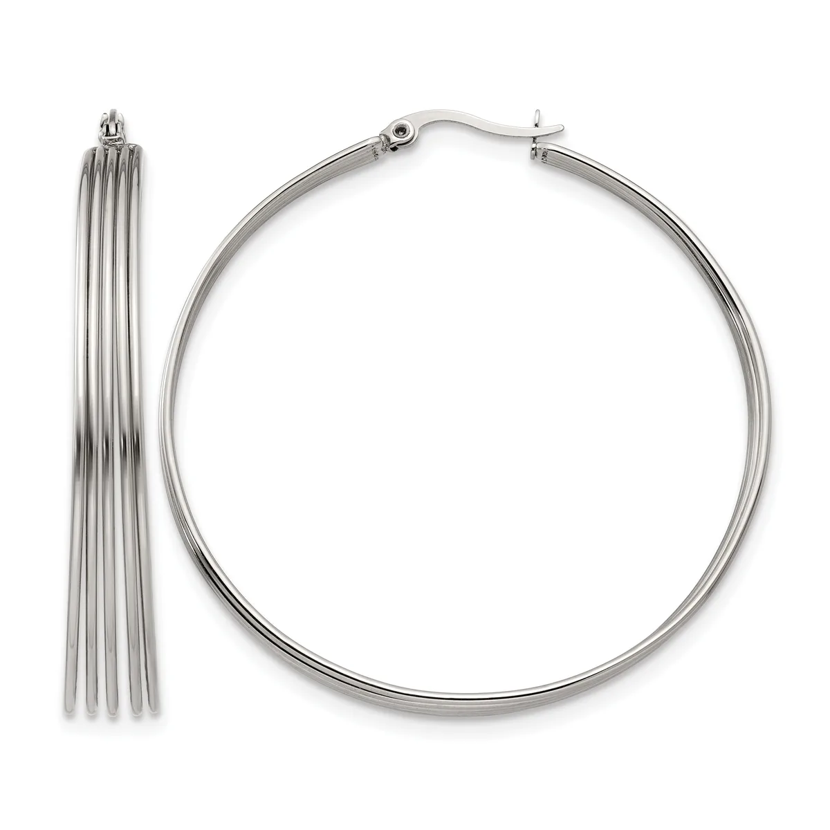 A pair of polished silver-tone hoop earrings displayed side by side, one showing the tassel detail and the other showing the complete circular hoop with hinged post closure.