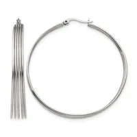 A pair of polished silver-tone hoop earrings displayed side by side, one showing the tassel detail and the other showing the complete circular hoop with hinged post closure.