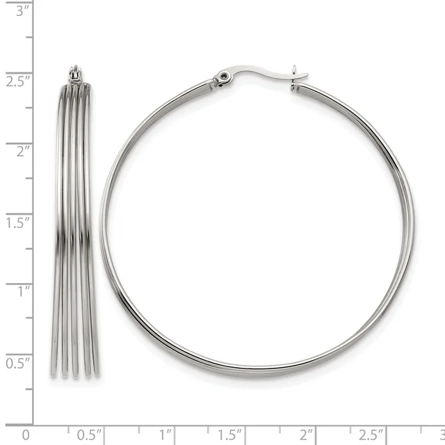 Two silver-toned metal earrings displayed against a ruler: a tassel-style drop earring and a polished hoop earring, each approximately 2.5 inches long.