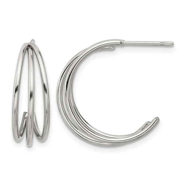 Pair of silver-toned hoop earrings with multiple layered curved bands, shown from front and side views.
