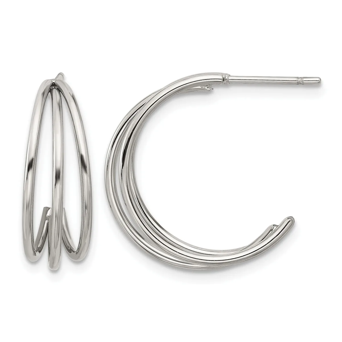 Pair of silver-toned hoop earrings with multiple layered curved bands, shown from front and side views.