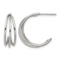 Pair of silver-toned hoop earrings with multiple layered curved bands, shown from front and side views.
