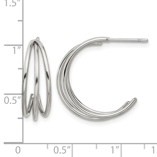 Pair of silver-toned hoop earrings with multiple thin curved bands, shown next to a ruler measuring approximately one inch in diameter.