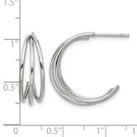 Pair of silver-toned hoop earrings with multiple thin curved bands, shown next to a ruler measuring approximately one inch in diameter.
