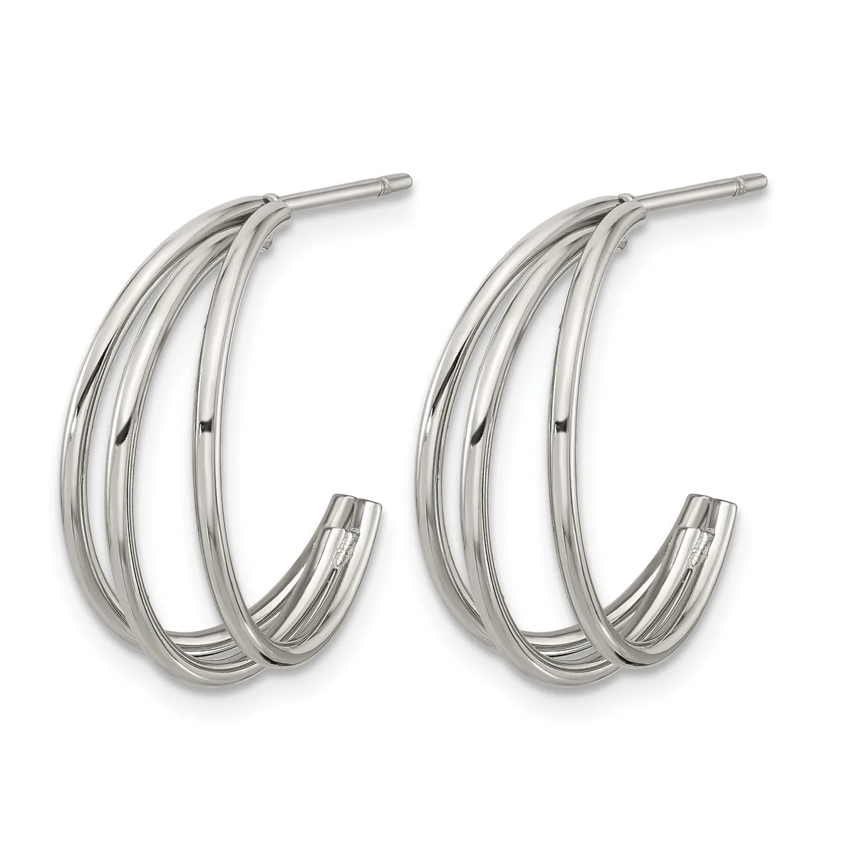Pair of polished silver-toned hoop earrings with layered curved design and post backs.