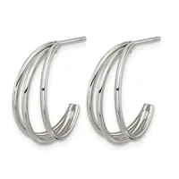 Pair of polished silver-toned hoop earrings with layered curved design and post backs.