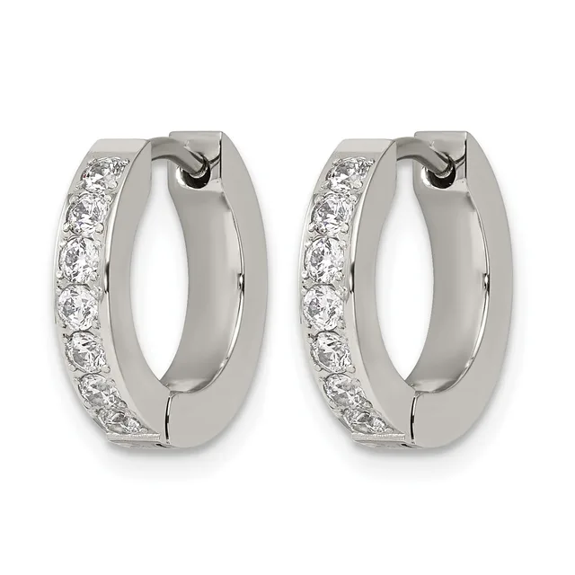A pair of silver hoop earrings with diamond accents along one side, shown from the front against a white background.